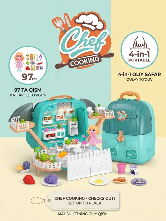 Chef Cooking ryukzagi va sumkasidagi 4 ta 1 da oshxona bolalar o‘yin to‘plami (97 ta buyum) - 