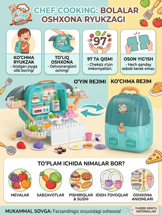 Chef Cooking ryukzagi va sumkasidagi 4 ta 1 da oshxona bolalar o‘yin to‘plami (97 ta buyum)