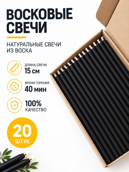 Восковые свечи черные, 15 см, 20 штук - 