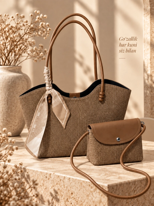Ayollar uchun 2 dona sumka to‘plami: shopper va yelkama mini klatch sumka - 