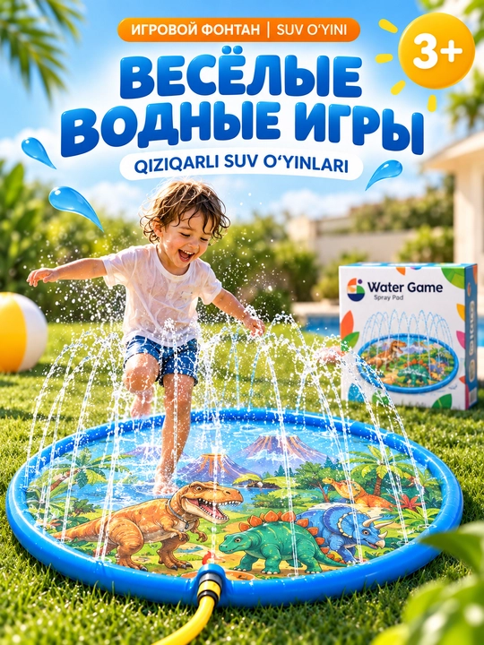 Игровой водный коврик-фонтан для детей, динозавры, 170 см - 