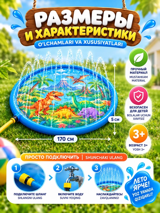 Игровой водный коврик-фонтан для детей, динозавры, 170 см