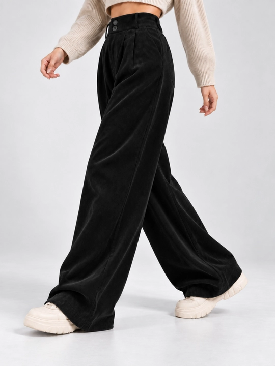 Женские тёплые широкие брюки с высокой посадкой и пуговицами