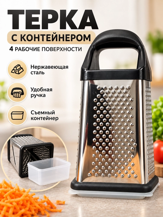 Konteyner va qopqoqli, ko‘p funksiyali, 4 tomonlama oshxona qirg‘ich