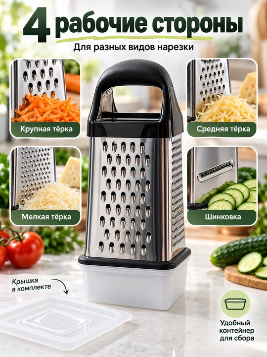 Konteyner va qopqoqli, ko‘p funksiyali, 4 tomonlama oshxona qirg‘ich