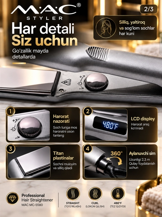MAC Styler 5518 soch to‘g‘rilagichi, titan qoplamali, professional darajadagi