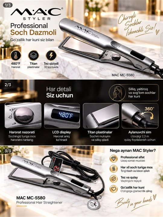 MAC Styler 5518 soch to‘g‘rilagichi, titan qoplamali, professional darajadagi
