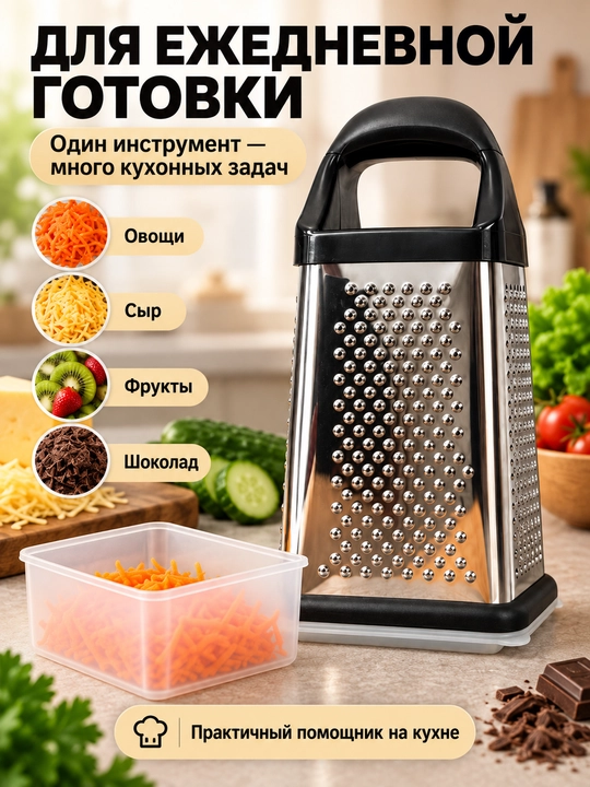 Konteyner va qopqoqli, ko‘p funksiyali, 4 tomonlama oshxona qirg‘ich