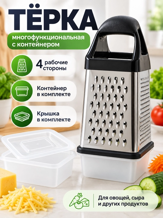 Konteyner va qopqoqli, ko‘p funksiyali, 4 tomonlama oshxona qirg‘ich - 