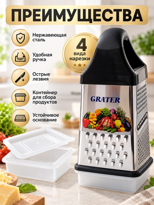 Konteyner va qopqoqli, ko‘p funksiyali, 4 tomonlama oshxona qirg‘ich