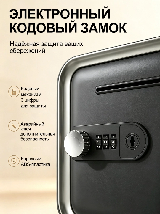 Сейф 7 л с электронным кодовым замком и ключом, ABS, для денег и накоплений
