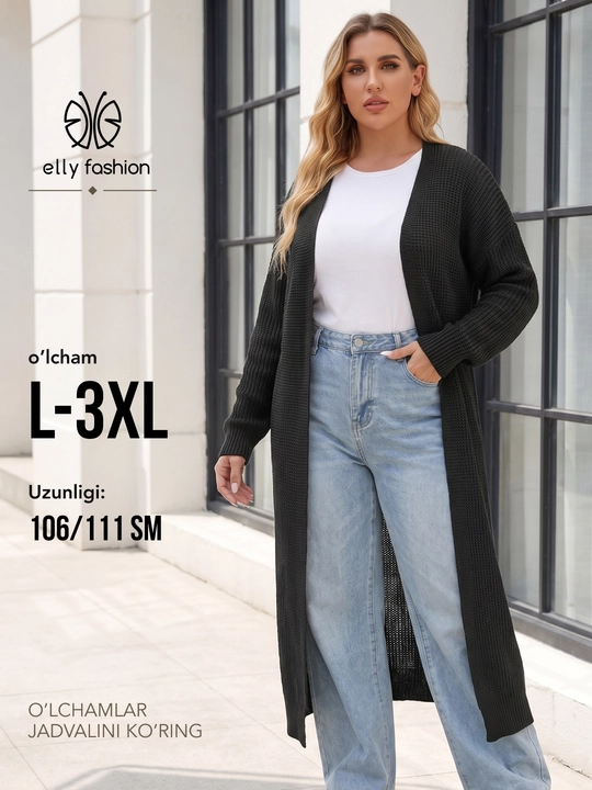 Ayollar uchun uzun to‘qima kardigan, oldi ochiq, tugmasiz — ELLY FASHION - 