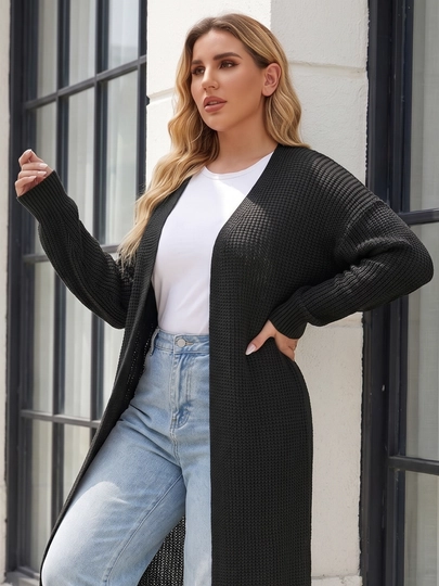 Ayollar uchun uzun to‘qima kardigan, oldi ochiq, tugmasiz — ELLY FASHION