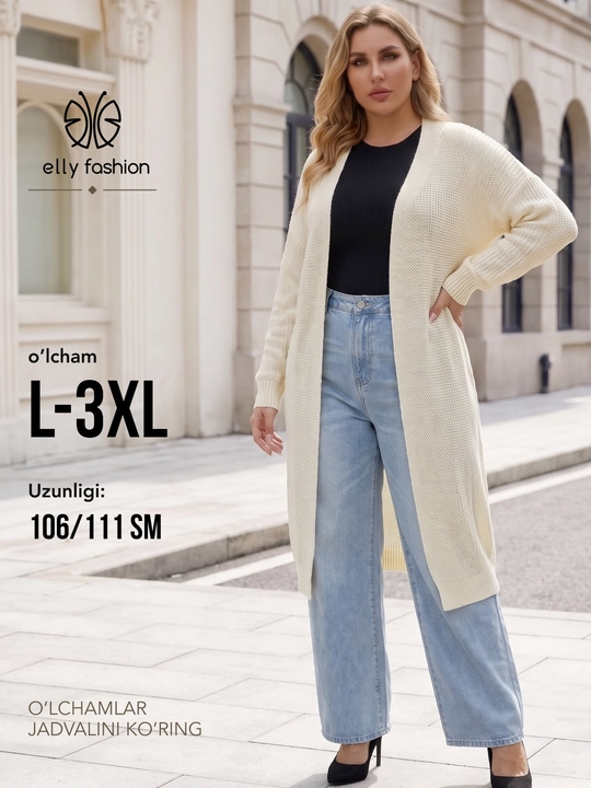 Ayollar uchun uzun to‘qima kardigan, oldi ochiq, tugmasiz — ELLY FASHION - 