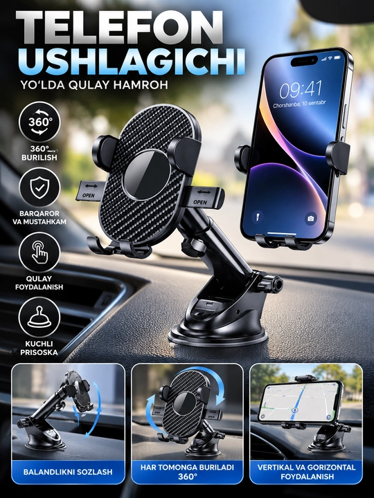 Avtomobil uchun universal telefon ushlagich, telefon tagligi