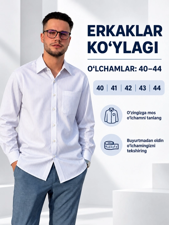 Erkaklar uchun uzun yengli mayda vertikal chiziqli klassik ko‘ylak, ko‘krak cho‘ntakli