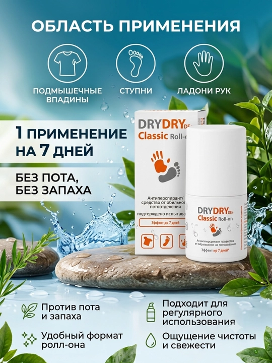 Антиперспирант от пота и неприятного запаха Dry Dry Classic Roll-on для рук, ног и тела - 
