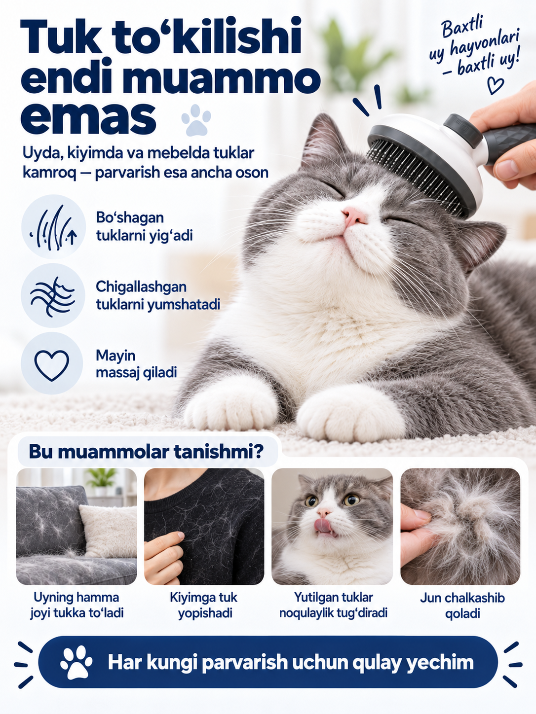Mushuk va itlar uchun o‘zini tozalovchi puxodyorka, jun tarash cho‘tkasi
