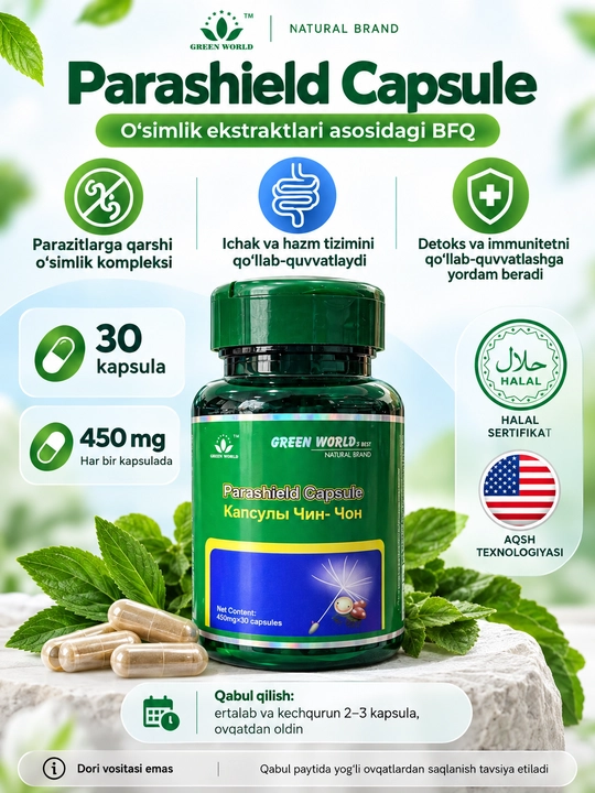 Green World Parashield Capsule, o‘simlik ekstraktlari asosidagi BFQ, 450 mg, 30 kapsula - 