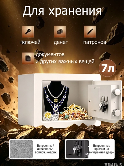Uy va ofis uchun mo‘ljallangan 17x17x23 sm o‘lchamdagi elektron kod va kalitli metall seyf