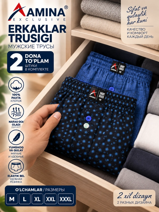 100% paxtadan tikilgan erkaklar ichki kiyimi, 2 dona - qulaylik va sifat