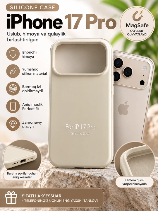 IPhone 16/17 Pro va Pro Max uchun silikon g‘ilof, MagSafe