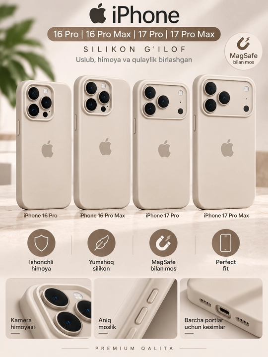 IPhone 16/17 Pro va Pro Max uchun silikon g‘ilof, MagSafe - 
