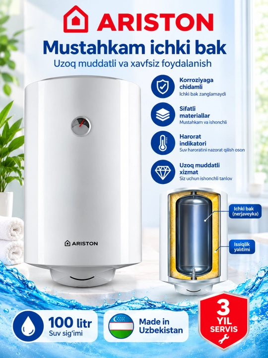 Ariston 100L elektr suv isitgichi, vertikal, 3 yil servis