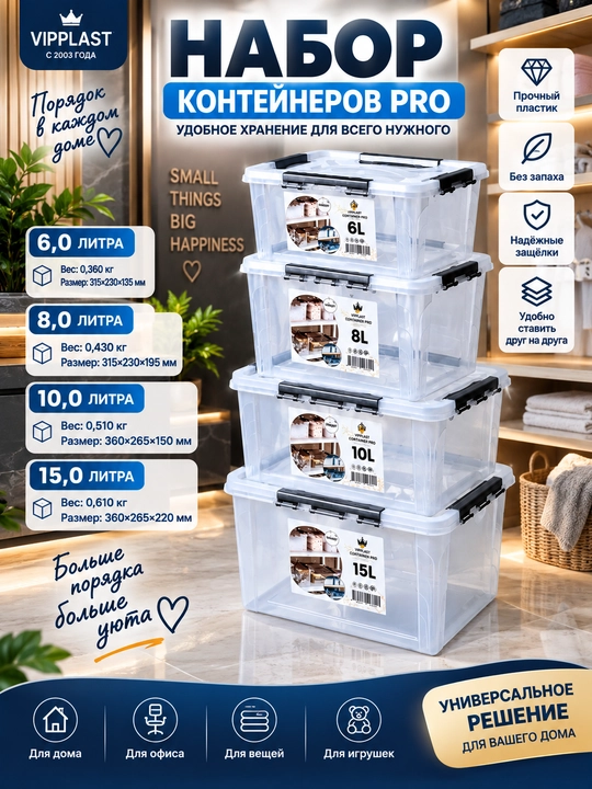 Qopqoqli plastik konteynerlar to‘plami - 4 dona, 6 l, 8 l, 10 l va 15 l - 