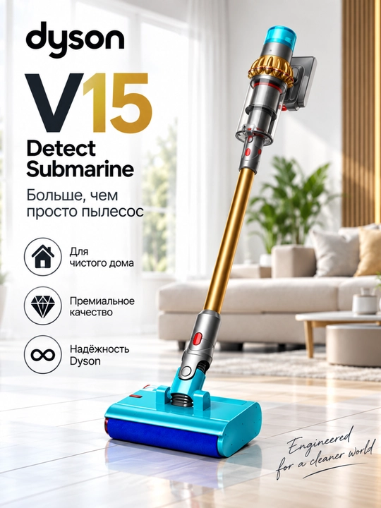 Dyson V15 Detect Submarine — беспроводной моющий пылесос 3-в-1, 240 AW, HEPA
