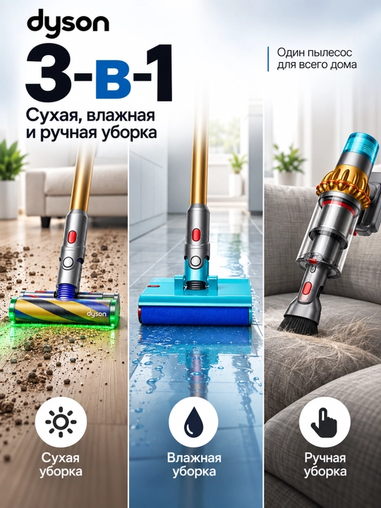 Dyson V15 Detect Submarine — беспроводной моющий пылесос 3-в-1, 240 AW, HEPA