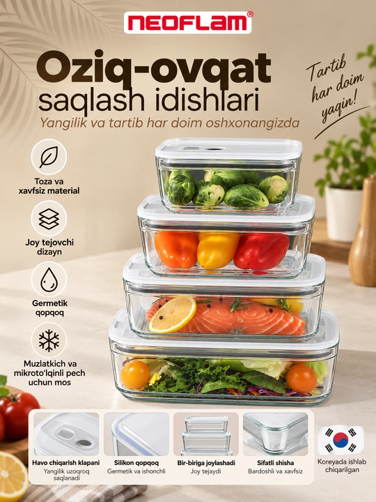 NEOFLAM PERFECT SEAL O Shisha vakuum konteynerlar to‘plami 4 dona, germetik qopqoq - 
