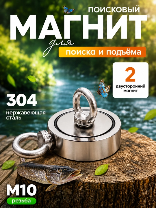 Ikki tomonlama qidiruv neodim magniti M10 150 kg gacha 2 ta halqali bolt bilan - 