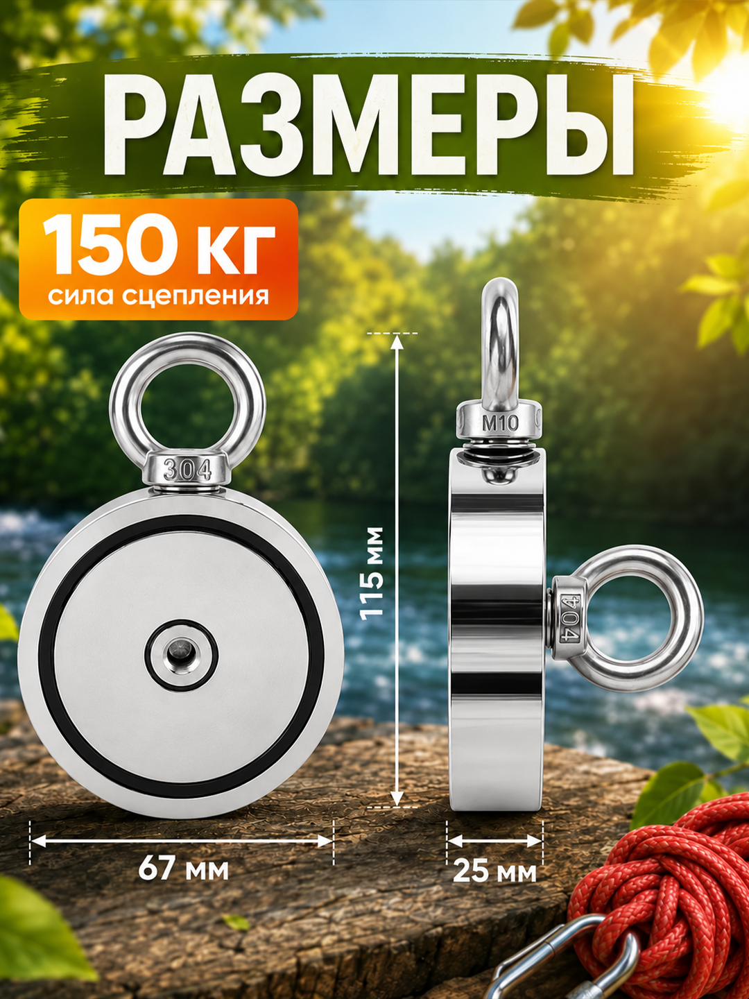 Поисковый неодимовый магнит двусторонний M10 до 150 кг с 2 рым-болтами