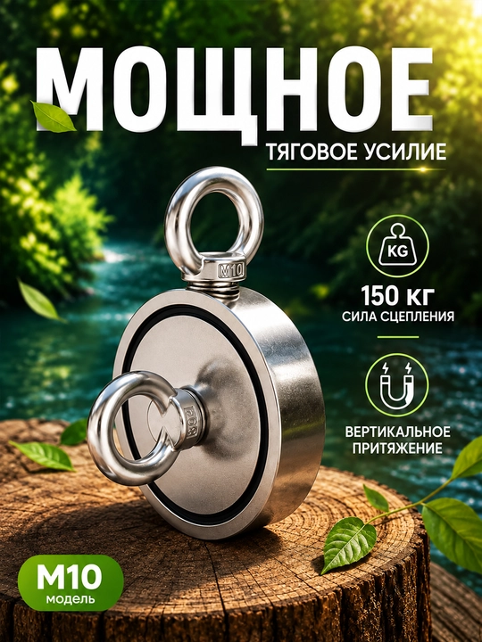 Поисковый неодимовый магнит двусторонний M10 до 150 кг с 2 рым-болтами