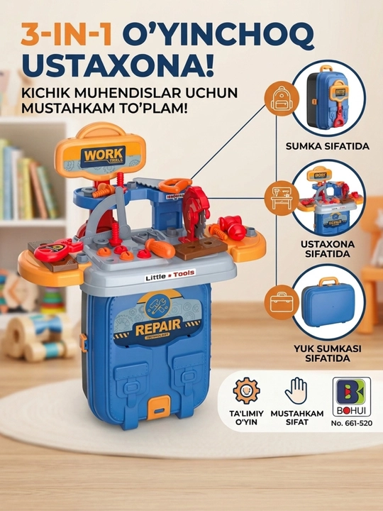 Bolalar uchun 3 in 1 ryukzak-ustaxona va o'yinchoq asboblar to'plami - 