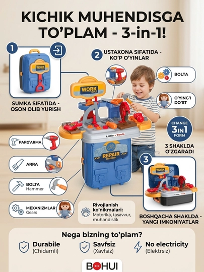 Bolalar uchun 3 in 1 ryukzak-ustaxona va o'yinchoq asboblar to'plami