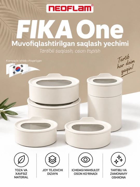 NEOFLAM FIKA One Keramik oziq-ovqat konteynerlari to‘plami 5 dona, qopqoqli, Beige - 
