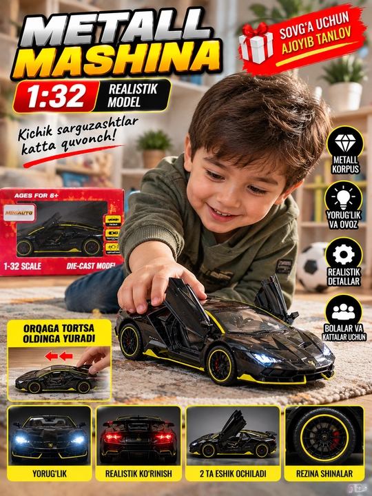 Metall mashina 1:32, yorug‘lik va ovozli, eshiklari ochiladigan, orqaga tortib yuradigan