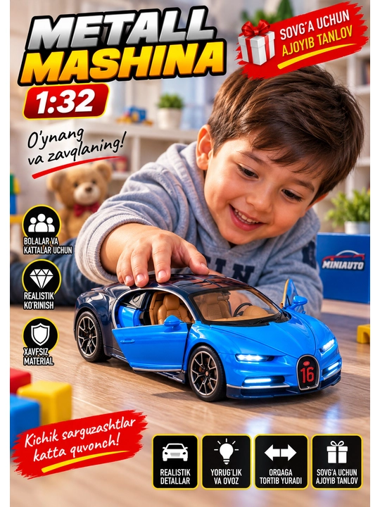 Metall mashina 1:32, yorug‘lik va ovozli, eshiklari ochiladigan, orqaga tortib yuradigan