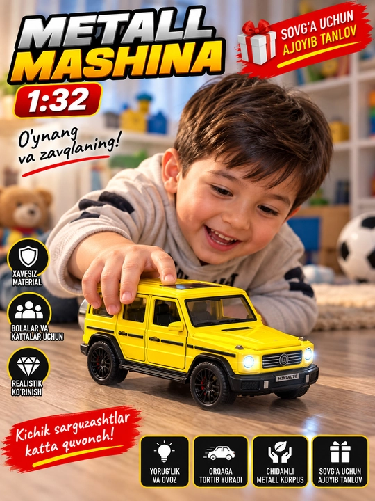 Metall mashina 1:32, yorug‘lik va ovozli, eshiklari ochiladigan, orqaga tortib yuradigan