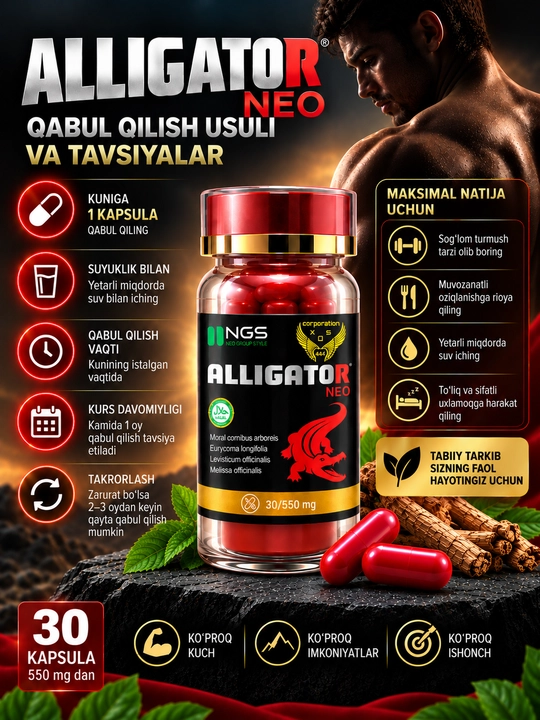 Alligator Neo капсулы для мужчин — тонус, либидо, энергия, 30 капсул