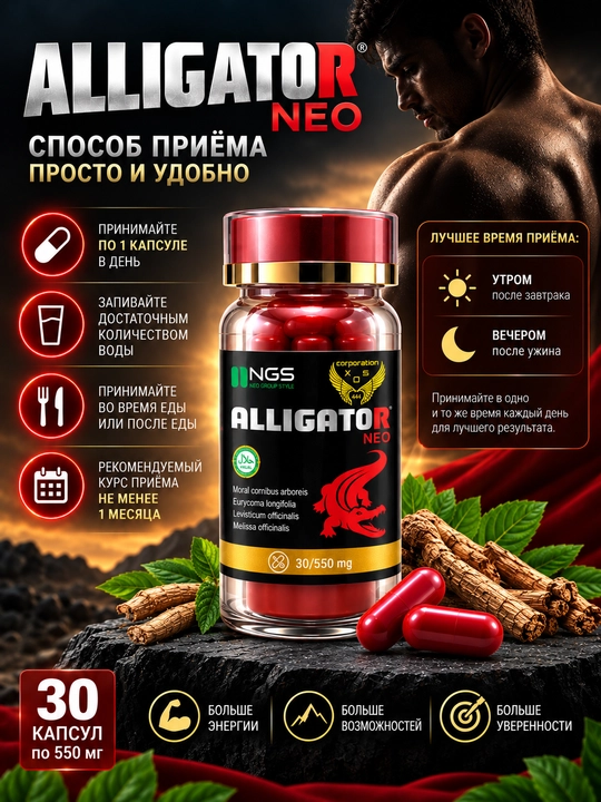 Alligator Neo капсулы для мужчин — тонус, либидо, энергия, 30 капсул