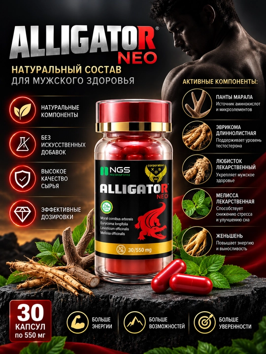 Alligator Neo капсулы для мужчин — тонус, либидо, энергия, 30 капсул