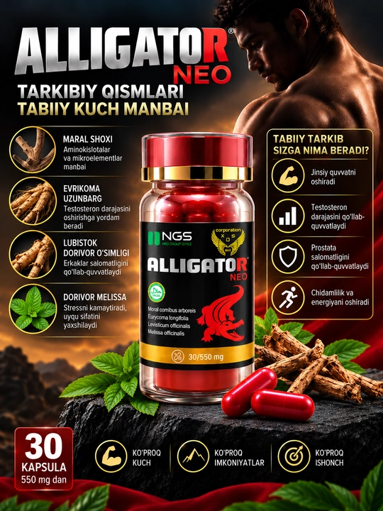 Alligator Neo капсулы для мужчин — тонус, либидо, энергия, 30 капсул