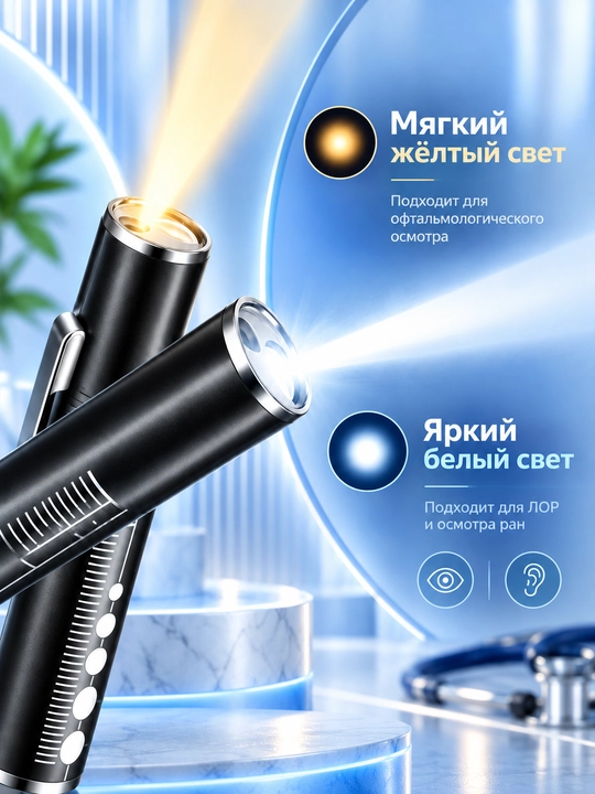 LOR uchun diagnostik fonarik, USB zaryadlanadigan, oq va sariq chiroqli