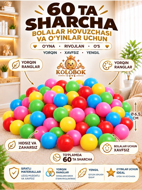 Quruq basseyn va bolalar manejı uchun sharchalar, uchun yorqin o‘yin sharchalari
