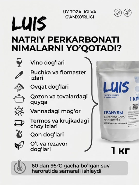 Кислородный пятновыводитель, отбеливатель, очиститель Luis