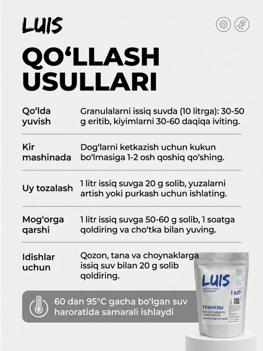 Кислородный пятновыводитель, отбеливатель, очиститель Luis