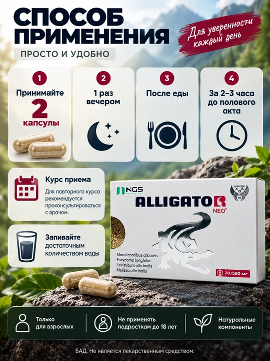 Капсулы для мужского здоровья Alligator Neo (Аллигатор Нео), 20 капсул 550 мг